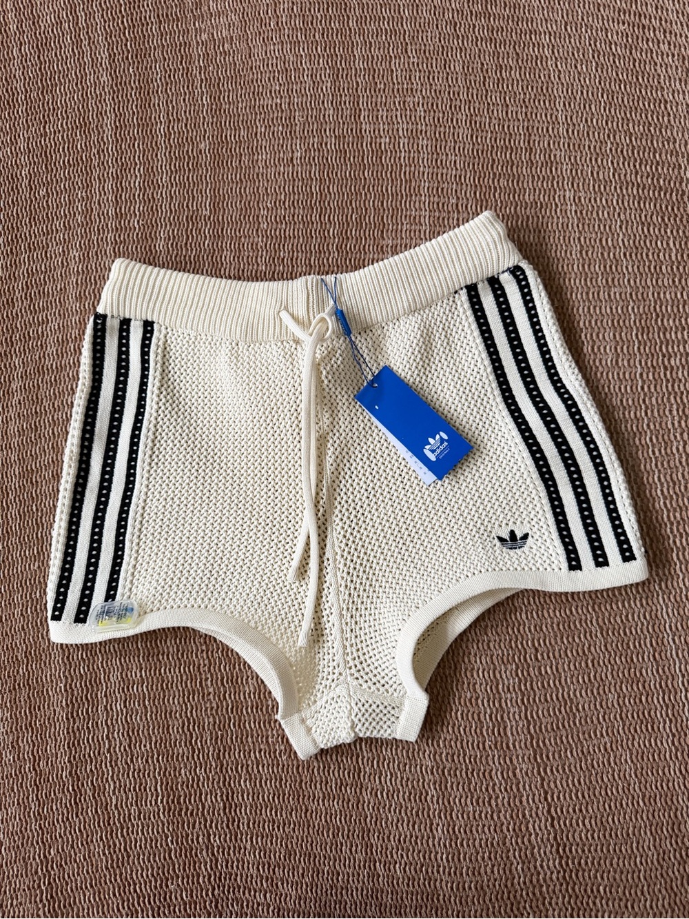 adidas Cream Athletic Knit Shorts with Black Stripes